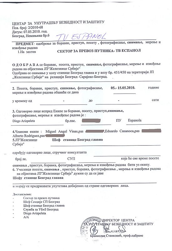 Permiso para grabar en el Bosnia Ekspres en el trayecto serbio