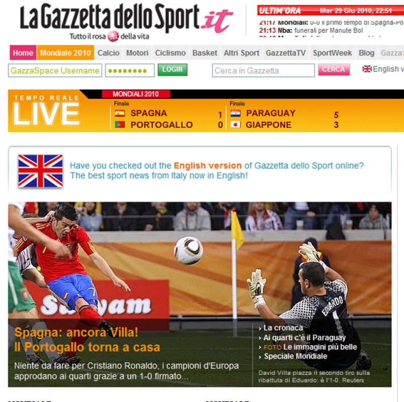 En la prensa deportiva italiana, La Gazzeta dello Sport dice "España: Villa de nuevo. Portugal refresa a casa" (edición digital)