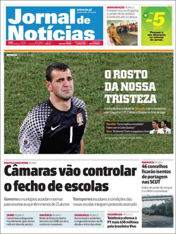 'Jornal de Noticias' muestra las lágrimas del portero de Portugal y asegura que esa es "la cara de nuestra tristeza"