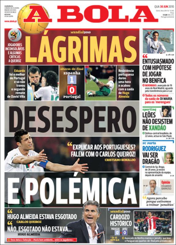 El diario 'A bola' habla de "lágrimas, desesperación y polémica" en su edición impresa