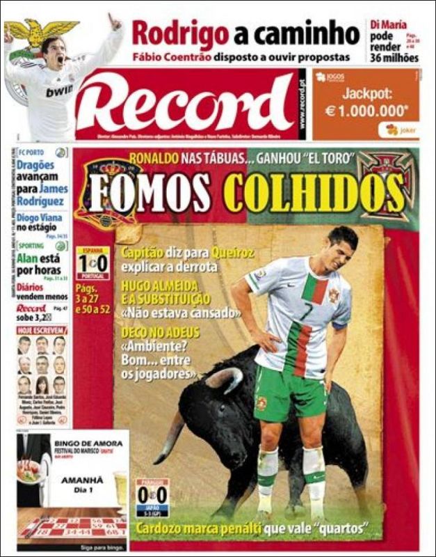 El diario 'Récord', en su edición impresa, asegura que a su selección le cogió el toro