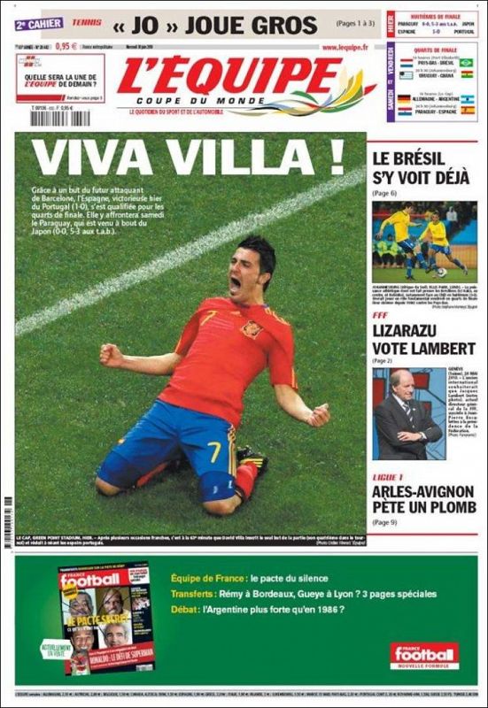 L'Equipe, con una foto del delantero asturiano, exclama "¡Viva Villa!" (edición impresa)