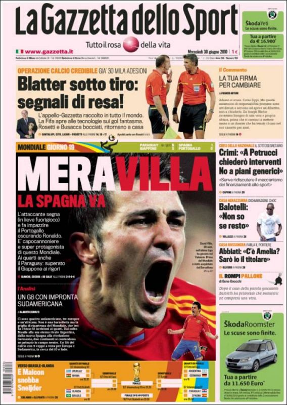 'La Gazzetta dello Sport' también hace un juego de palabras con Villa, el gran protagonista (edición impresa)