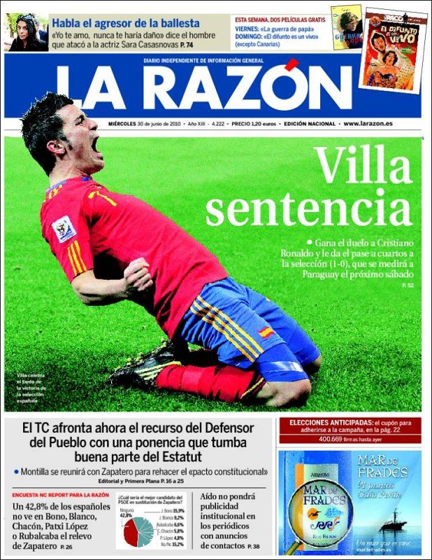 Una vez más vemos en una portada a Villa celebrando el gol que ha dado a España el pase a los cuartos de final