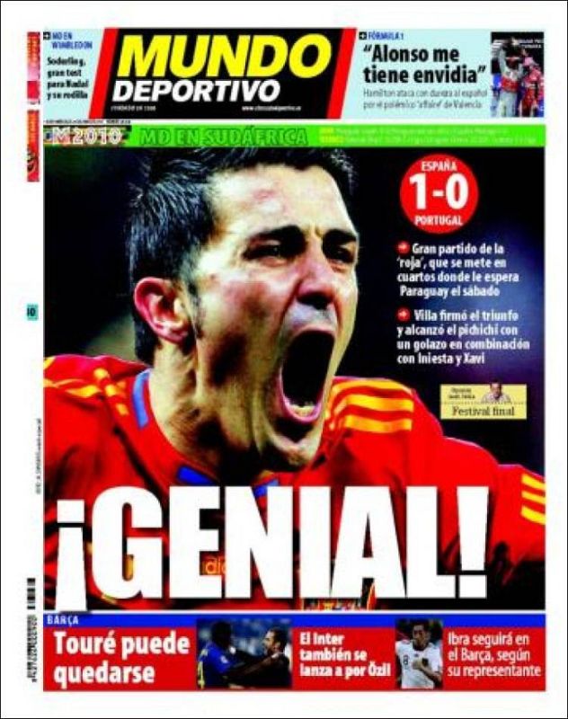El Mundo Deportivo, en su edición impresa, califica de "genial" tanto el pase a cuartos como la actuación de Villa