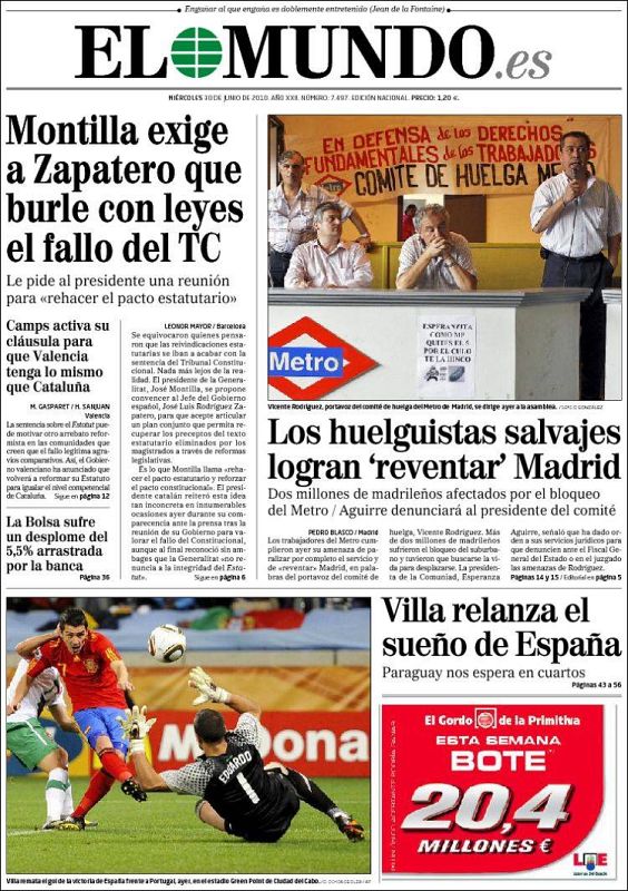 Para El Mundo, "Villa relanza el sueño de España en el Mundial" (edición impresa)