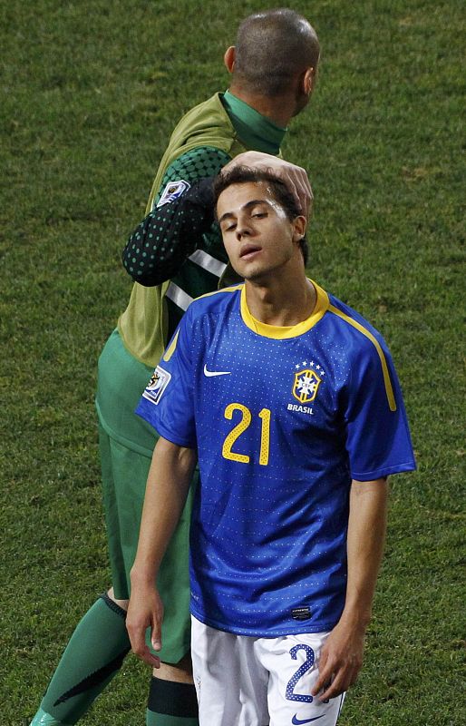 Brazil's Nilmar reacts at the end of their 2010 World Cup quarter-final soccer match against Netherlands in Port Elizabeth