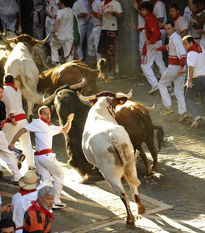 Runners sprint alongside Penajara fighting bulls at the town hall curve during the first running of the bulls on the second day of the San Fermin festival in Pamplona