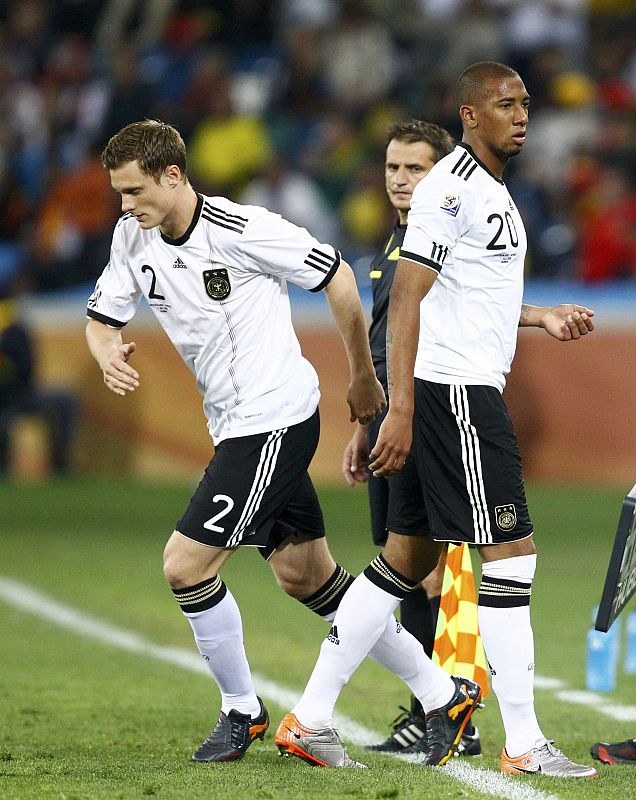 Germany's Jansen comes on for Boateng during the 2010 World Cup semi-final soccer match against Spain at Moses Mabhida stadium in Durban