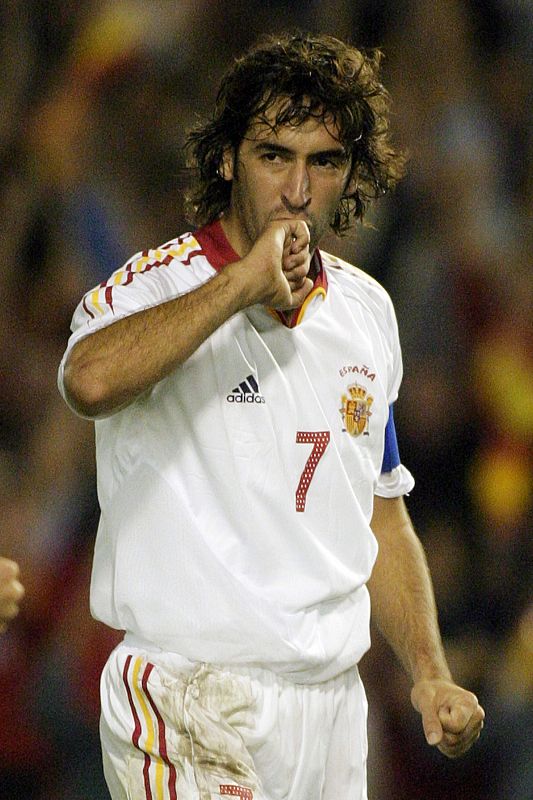 Spain's Raul celebrates after scoring against Belgium during the World Cup qualifying match in Santander,.