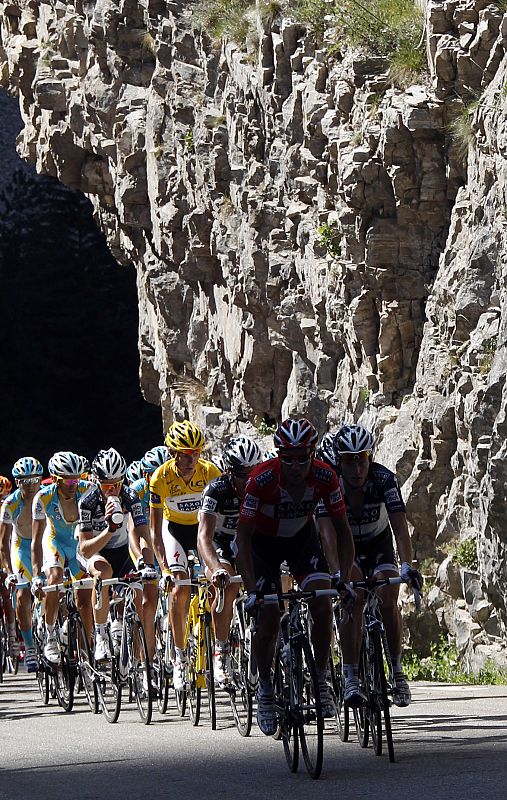 Saxo Bank's Andy Schleck of Luxembourg cycles in the peloton during the tenth stage of the Tour de France cycling race between Chambery and Gap