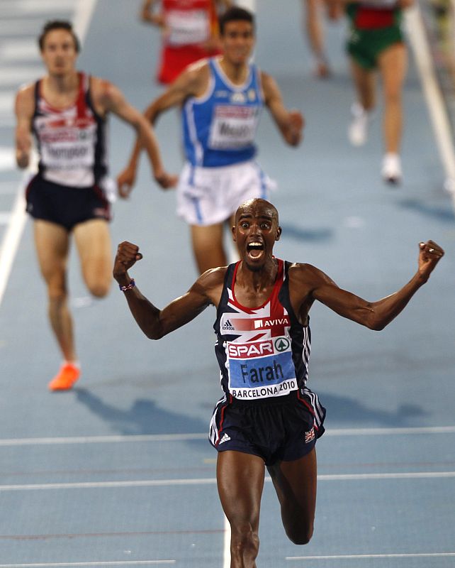 Britain's Mo Farah wins the men's 10,000m final of the European athletics championships at the Olympic stadium in Barcelona