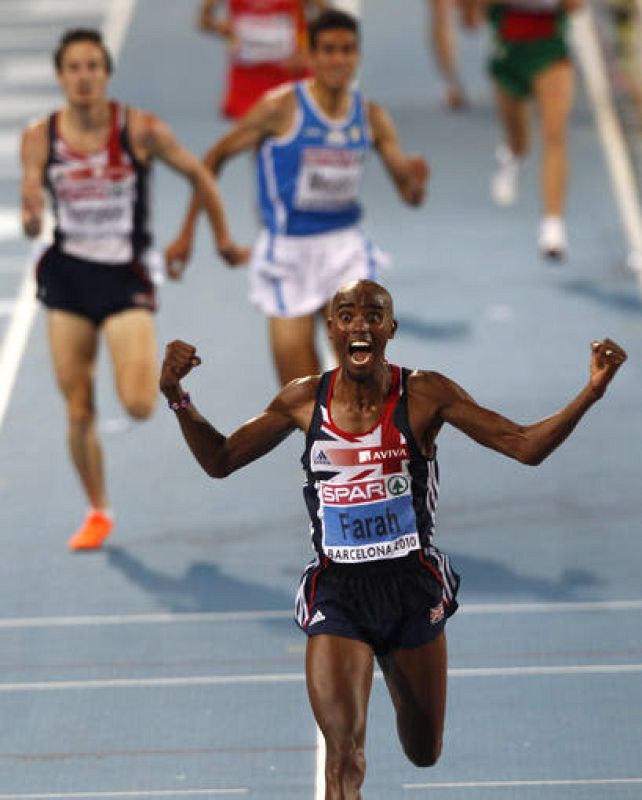 Britain's Mo Farah wins the men's 10,000m final of the European athletics championships at the Olympic stadium in Barcelona