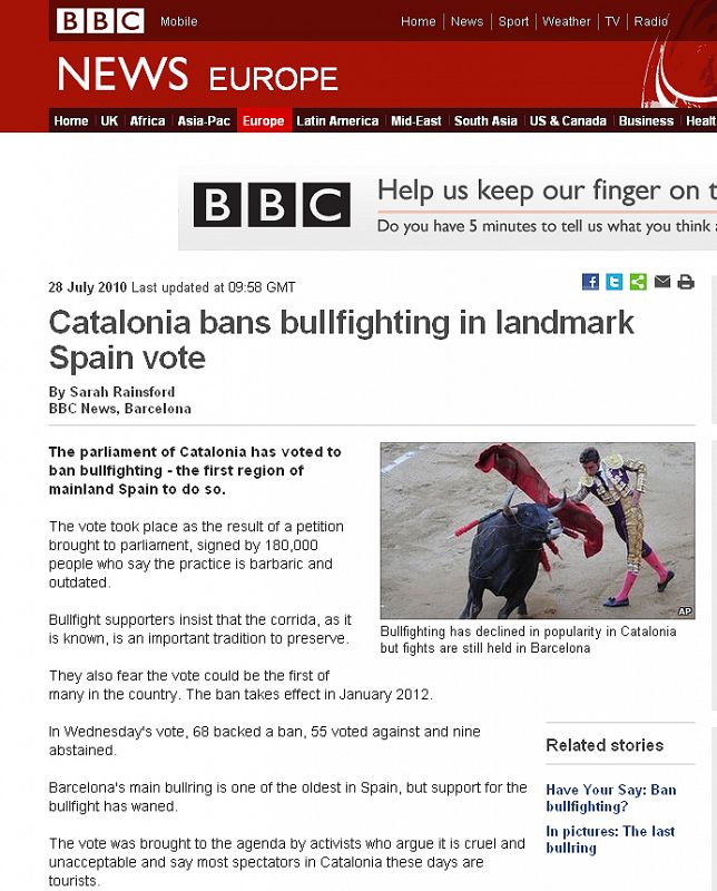 La cadena británica anuncia la votación que ha prohibido en Cataluña las corridas de toros