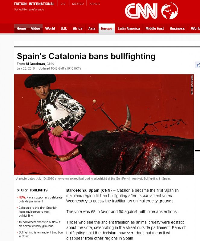 La CNN destaca len su página web la abolición de las corridas de toros en Cataluña.n Cataluña.