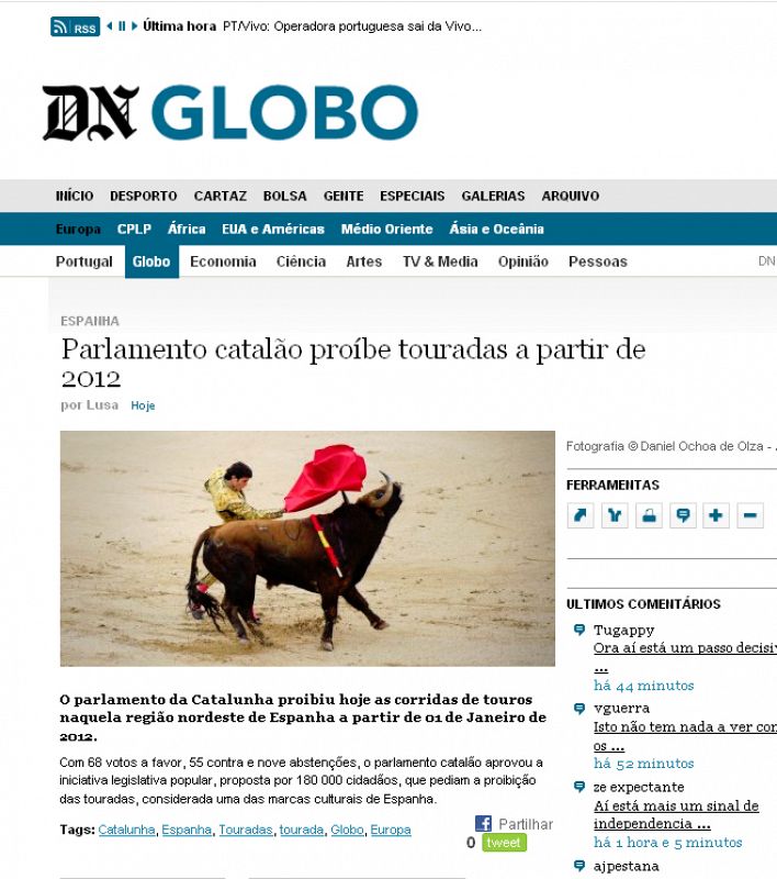 El Diario portugués informa sobre la prohibición de los toros a partir de 2012.