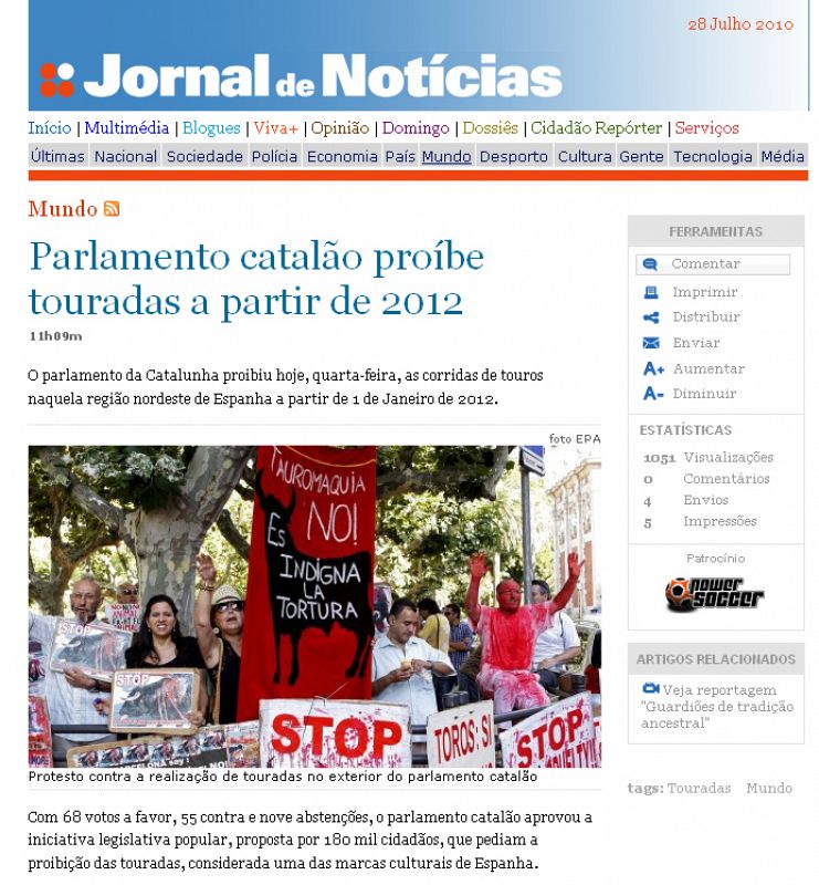 El periódico portugués destaca la prohibición de las corridas a partir de 2012