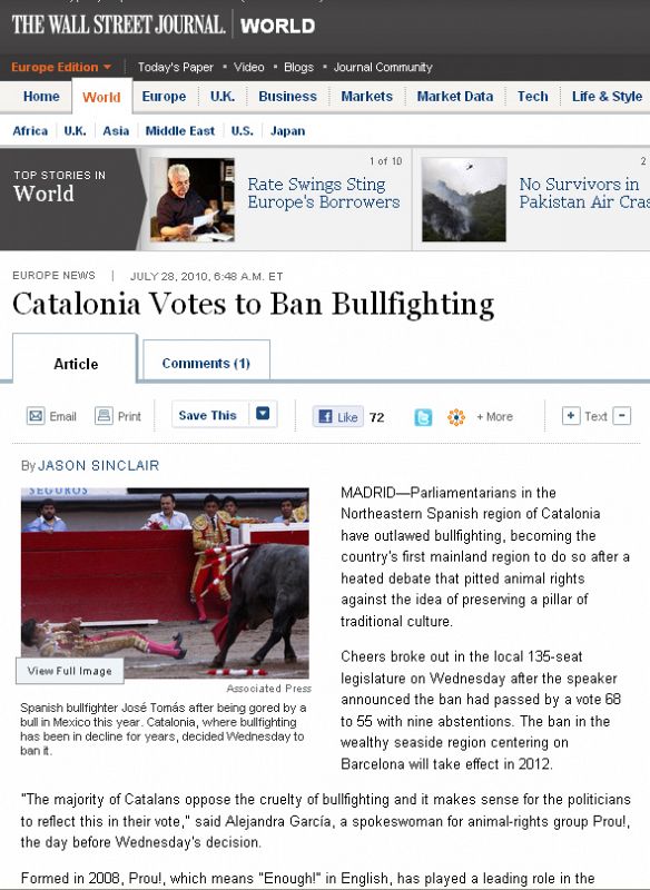 El periódico estadounidense anuncia la votación antitaurina en Cataluña.