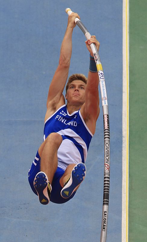 Salomaki of Finland competes in men's pole vault qualifications at the European Athletics Championships in Barcelona