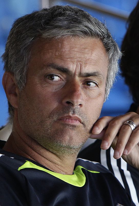 Real Madrid coach Jose Mourinho of Portugal reacts during the farewell of Real Madrid player Raul Gonzalez in Madrid