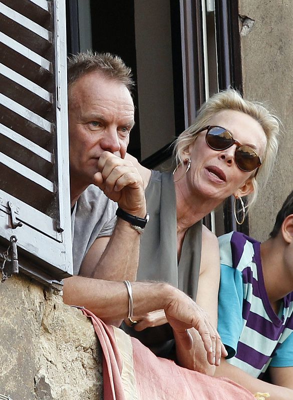 Singer Sting and his wife Trudie Styler watch the Palio race in Siena