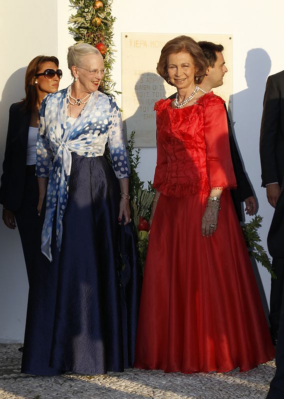 Queen Margarethe of Denmark and Queen Sofia of Spain arrive at Agios Nikolaos church for wedding ceremony of Prince Nikolaos and Tatiana Blatnik on Greek island of Spetses