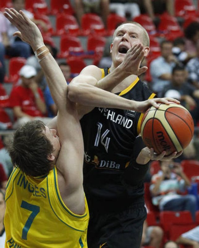 Germany's Benzing fights for loose ball with Australia's Ingles during their FIBA Basketball World Championship game in Kayseri 