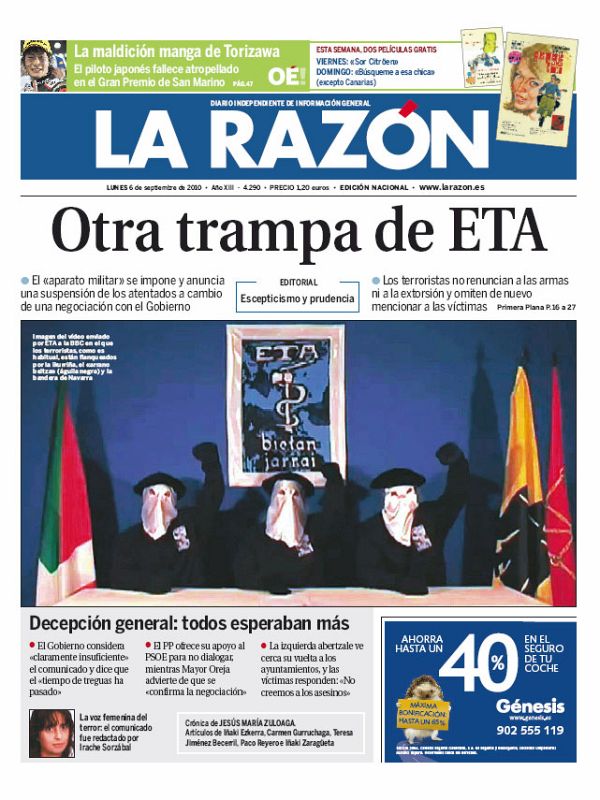 Portada de La Razón tras el anuncia de alto el fuego de ETA