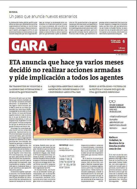 Portada del Gara tras el anuncio de ETA de no realizar "acciones armadas"