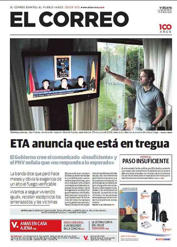 Portada de El Correo tras el anuncio de ETA