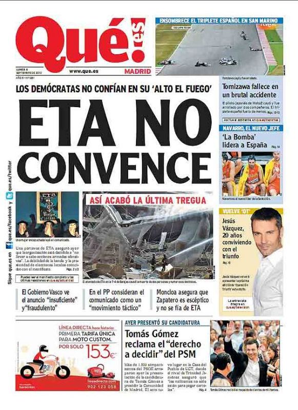Portada del diario Qué! tras el anuncio del ETA
