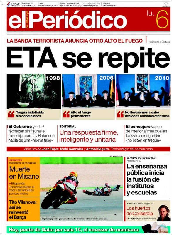 Portada de El Periódico tras el anuncio de ETA