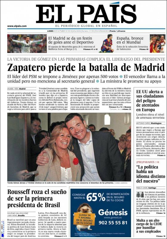 Para 'El País', "Zapatero pierde la batalla de Madrid"