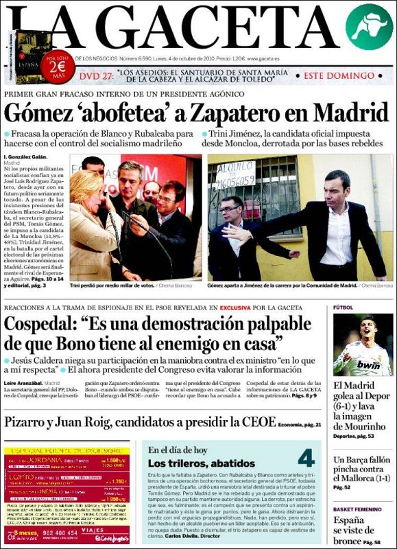 'La Gaceta' va un paso más allá y asegura que la victoria de Gómez es una bofetada para Zapatero