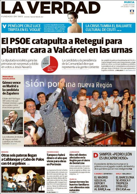 'La Verdad de Murcia' es el único diario que resalta más las primarias socialistas en su comunidad que las de Madrid