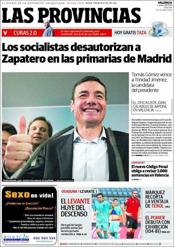 El diario 'Público' no nombra a Zapatero, pero destaca que Tomás Gómez se ha impuesto al aparato del PSOE