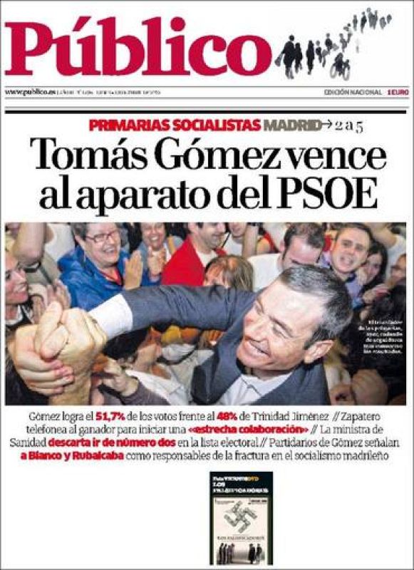 El diario 'Público' no nombra a Zapatero, pero destaca que Tomás Gómez se ha impuesto al aparato del PSOE