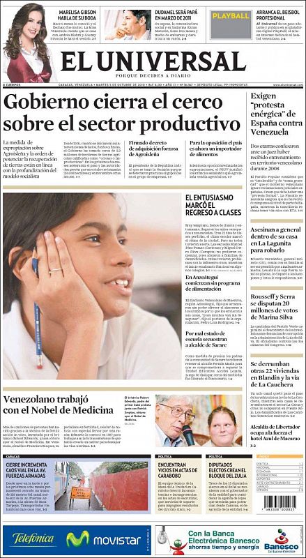 El diario 'El Universal' lleva en portada la petición de protesta que se ha pedido desde ciertos sectores hacia Venezuela