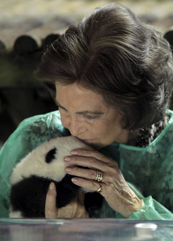 La Reina besa a uno de los osos panda