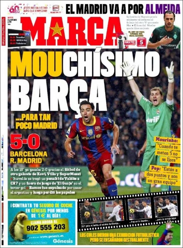 El diario Marca destaca con un juego de palabras e imagen la grandeza del juego y resultado del Barça y la pequeñez del Madrid de Mourinho ante su rival