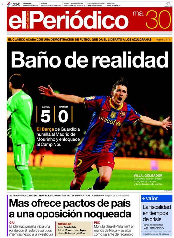 El Periódico de Catalunya lleva también en su portada a toda página la crónica del 5-0, subrayando el baño futbolístico que dio el Barça al Madrid.