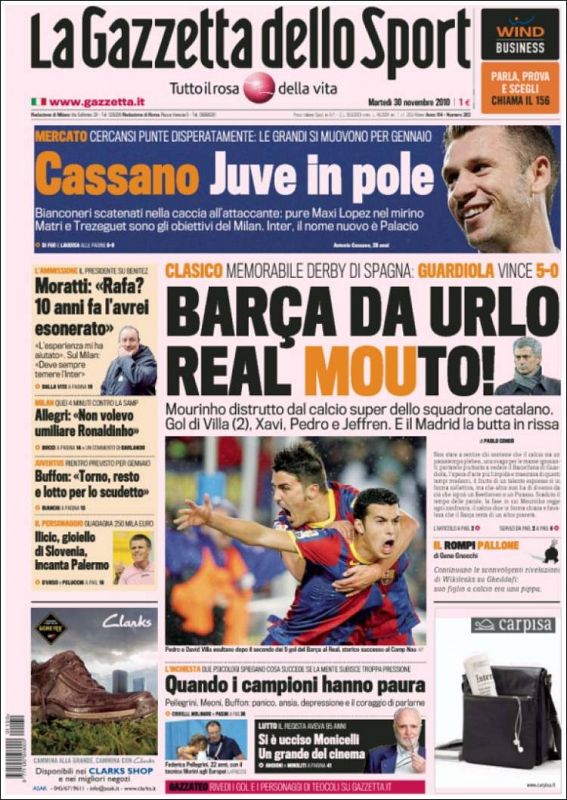 El diario deportivo italiano más vendido, La Gazzetta dello Sport destaca el 5-0 como un partido "memorable", la mayor derrota que el ex técnico del Inter, José Mourinho, ha sufrido en su carrera.