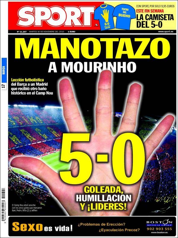 Manotazo a Mourinho, destaca el diario deportivo Sport, con una gigante y evidente mano rememorando el 5-0.