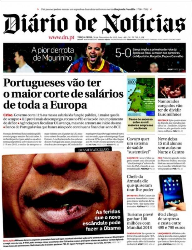 El Diario de Noticias portugués subraya también la sonora derrota de su paisano Mourinho.