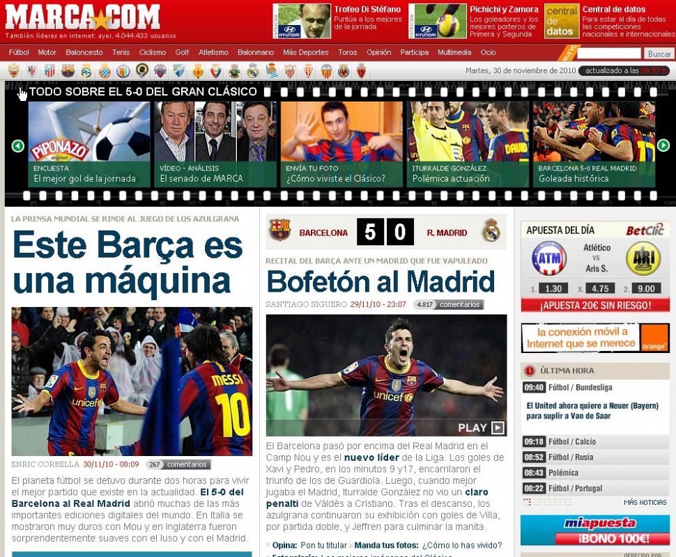 El diario Marca, en su página web, destaca la bofetada de cinco dedos de la victoria azulgrana y el gran juego del equipo azulgrana.