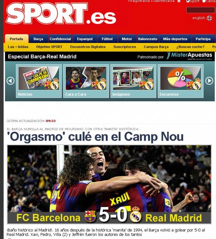Como "orgasmo culé" define la web de Sport la goleada 5-0 en el Camp Nou ante el eterno rival.