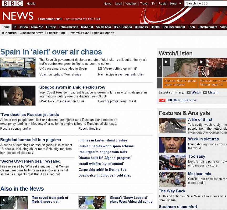 "España 'en alerta' sobre el caos aéreo", portada de la cadena británica BBC