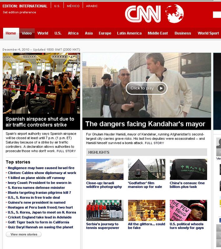 Portada de la cadena de EE. UU. CNN, que titula "Cerrado el espacio aéreo español por la huelga de controladores"