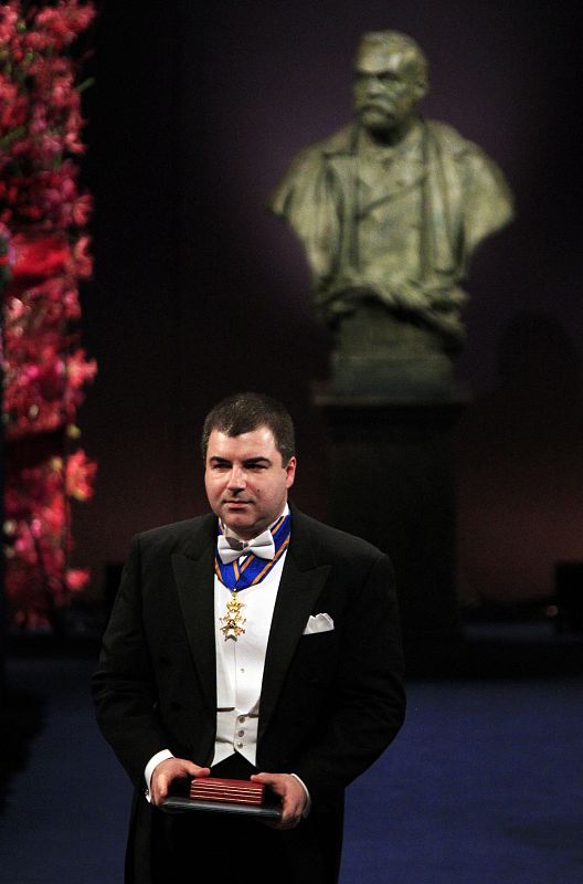 Novoselov of Russia bows after receiving the prize for Physics during the 2010 Nobel Prize ceremony at the Concert Hall in Stockholm