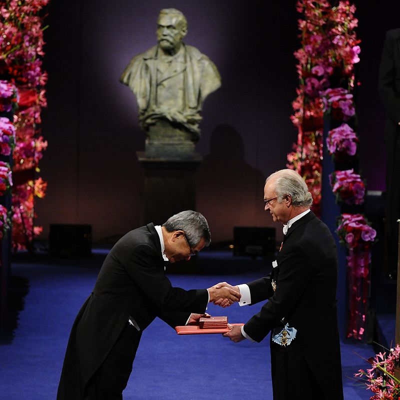 Ei-ichi Negishi receives the shared 2010 Nobel Prize in Chemistry from Sweden's King Carl XVI Gustaf at the Concert Hall in Stockholm